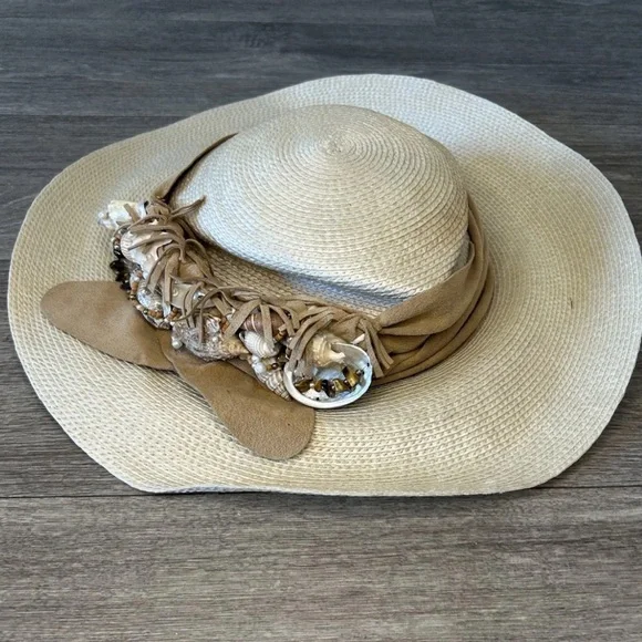 VTG Mermaidcore Straw Beach Sun Hat Shell Trim Boho Coastal Festival S/M - Picture 5 of 16